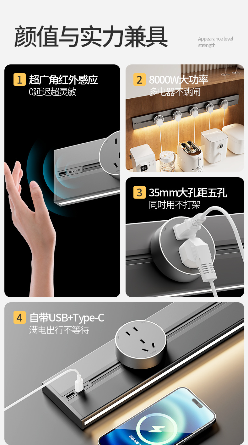 家用跨境美式明装带感应灯轨道插座厨房泰式欧标可移动大功率插排详情2