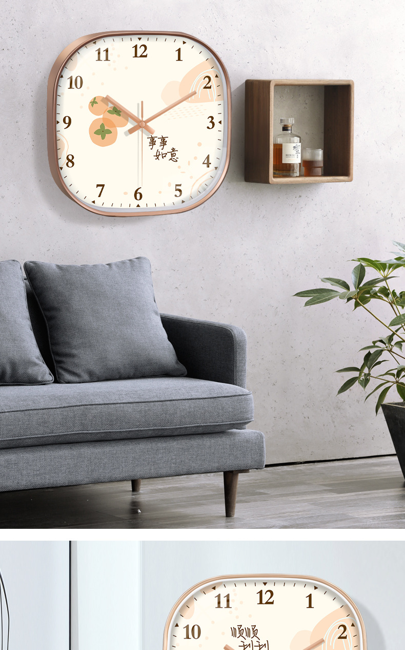 新中式大吉大利免打孔钟表挂钟客厅家用时尚大气挂墙时钟轻奢方形详情5