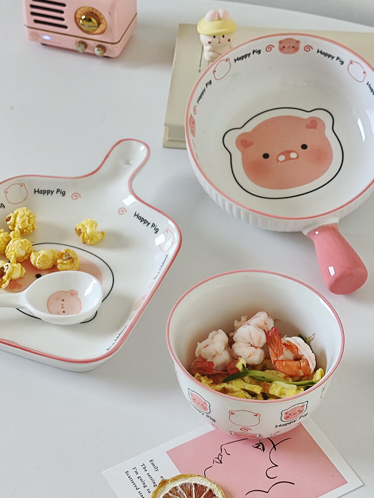 卡通可爱猪泡面碗家用高颜值陶瓷饭碗盘子新款釉下彩碗碟套装批发详情4