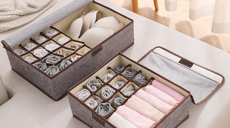 内衣收纳盒分格家用折叠棉麻储物盒带盖内衣裤袜子防尘抽屉盒子详情2