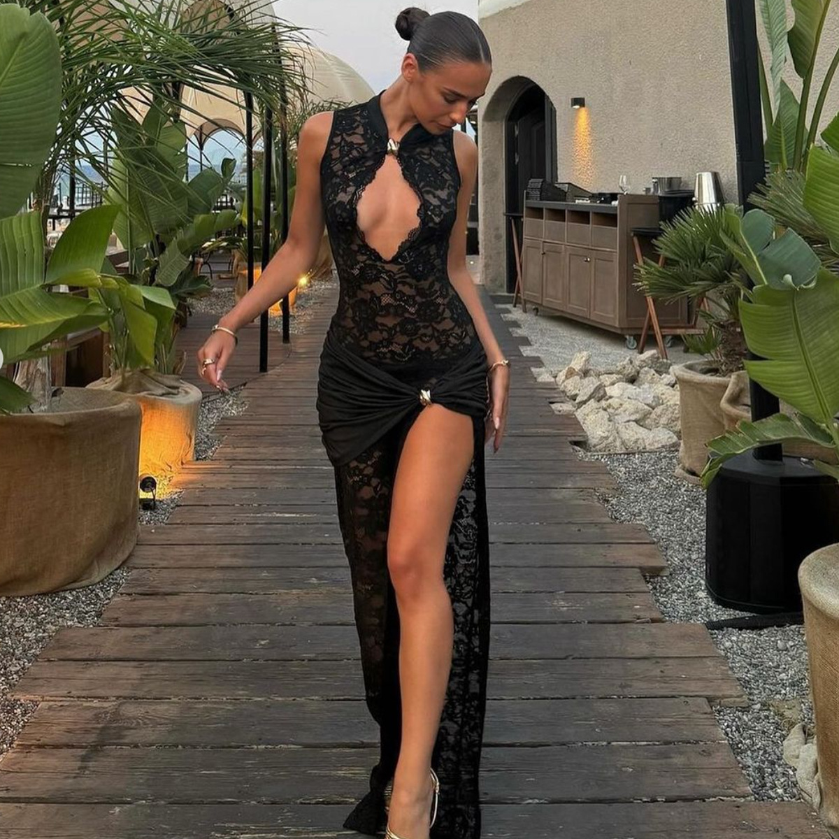 A new sexy and fashionable lace cutout high-slit figure-hugging sleeveless dress that is selling well in cross-border trade between Europe and America for women pic 4