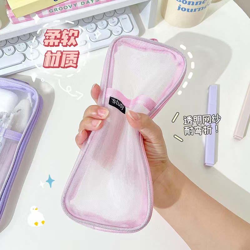学生文具透明网纱笔袋 创意多色铅笔整理收纳盒 开学礼物厂家批发 笔袋实用便携详情3