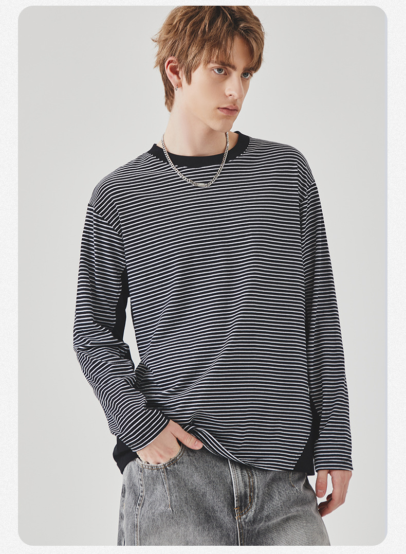 APO男装|撞色条纹长袖T恤男士春秋季潮牌宽松圆领内搭上衣打底衫详情23