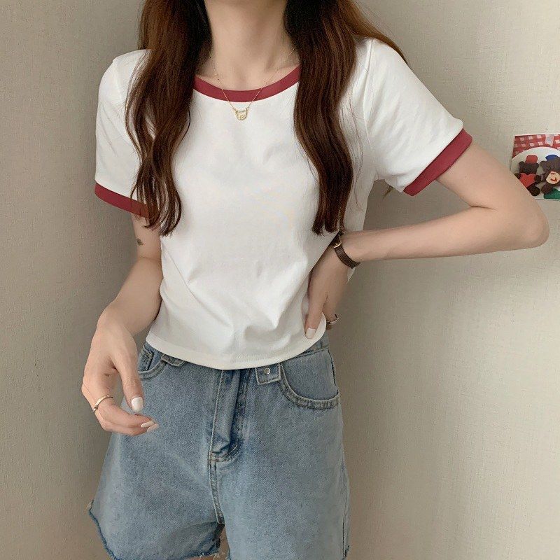 撞色圆领短袖t恤女2024年新款夏季打底衫韩版修身短款学生上衣潮详情16