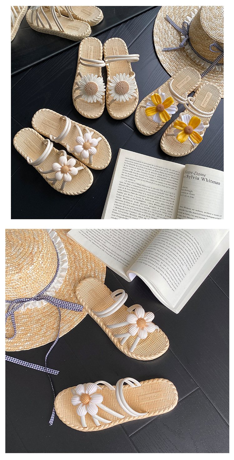 新款时尚花朵女鞋夏季草编拖鞋民族风罗马鞋沙滩一字拖两穿鞋凉鞋详情11