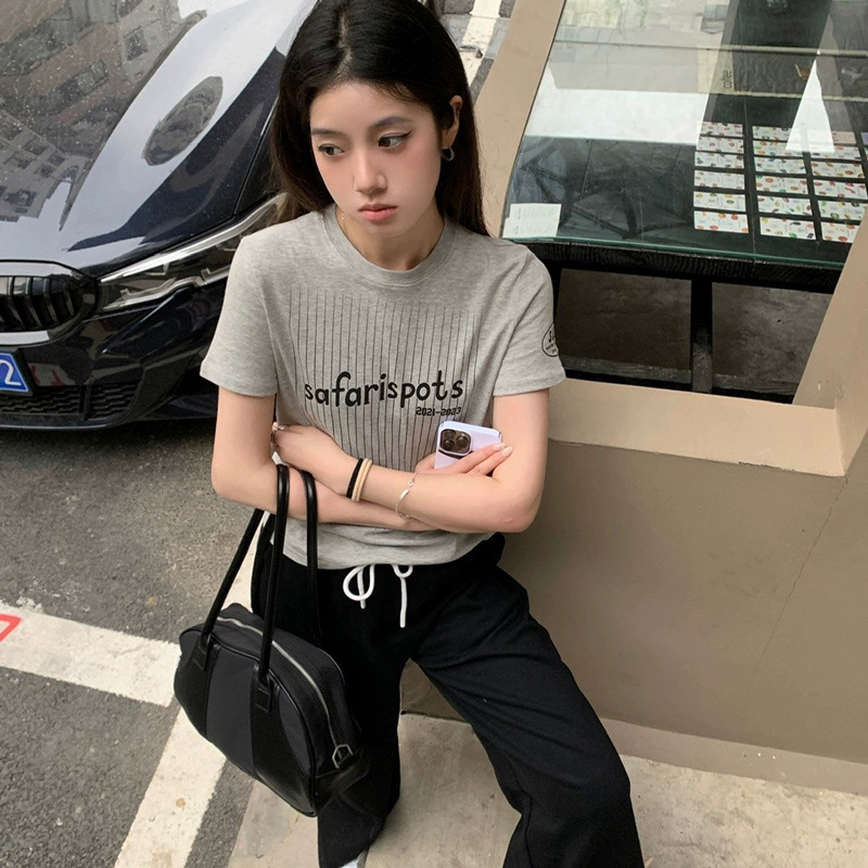 韩国小众潮流休闲运动风33号前后印花竖条字母显瘦正肩短袖T恤女详情9