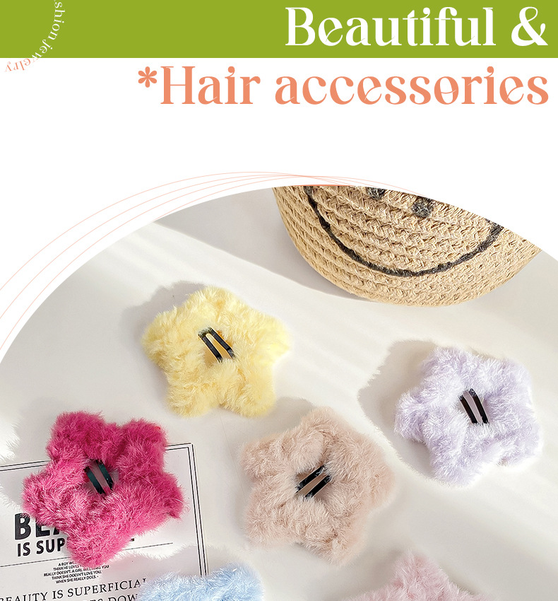 Cream-colored plush star hair clips, soft and cute five-pointed star hair clips, sweet and girlish bb clips, bangs clips, autumn and winter hair accessories pic 3