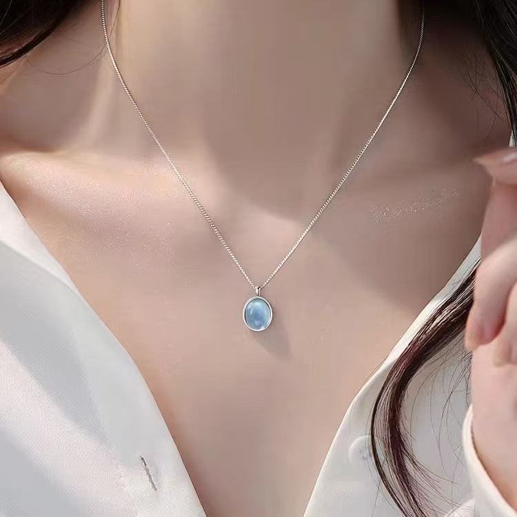 White Moonlight Five-piece set: Aquamarine design necklace pendant, moonstone, light luxury, simple and elegant, versatile necklace collarbone pic 2