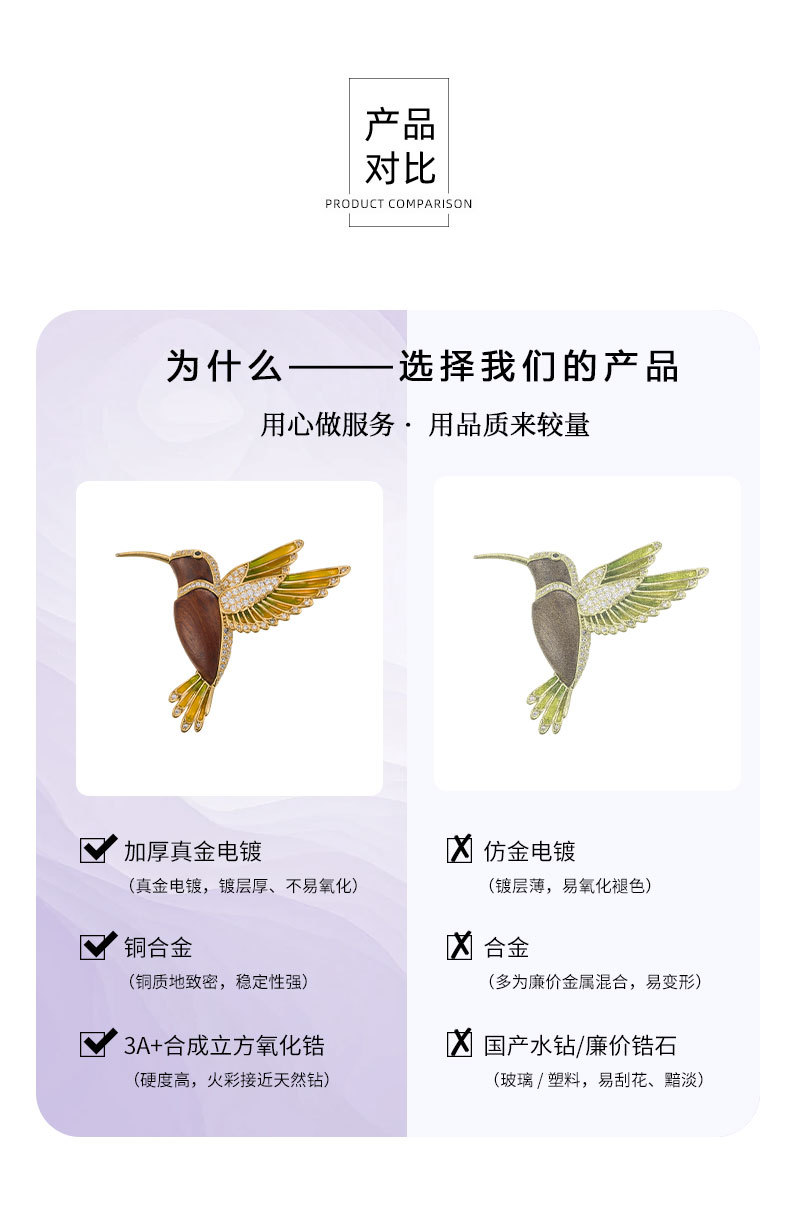 Original design wood grain color wing hummingbird brooch, dual-purpose light luxury copper alloy, real gold electroplated and set with zircon pin, dual-purpose pic 18