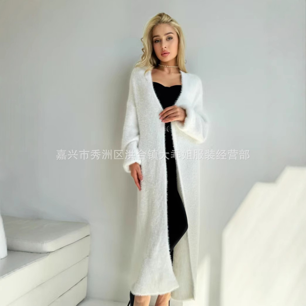 白色水貂绒开衫毛衣长款宽松慵懒风针织衫外套女春秋纯色外搭大衣详情5