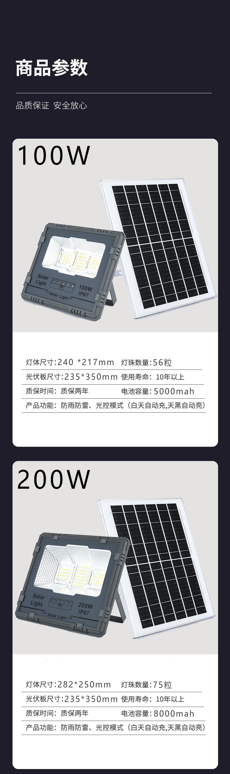 太阳能照明灯户外庭院投光灯家用超亮大灯珠大功率室外太阳能路灯详情9