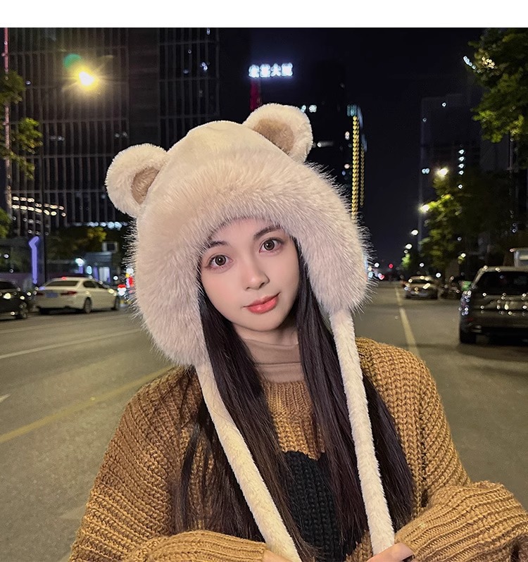 秋冬季可爱小熊毛绒绒百搭护耳包头帽女加厚套头防寒保暖加厚帽子详情28