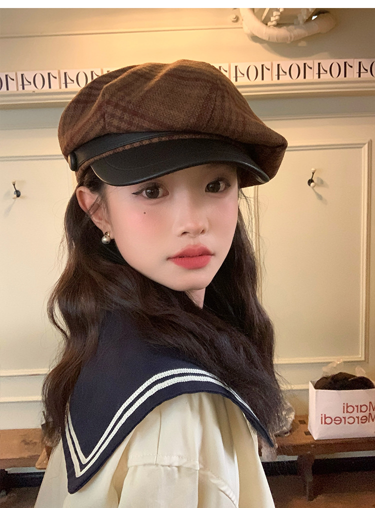 Cool and elegant checkered retro British octagonal newsboy hat for women 2024 new style face-enhancing small beret pic 15