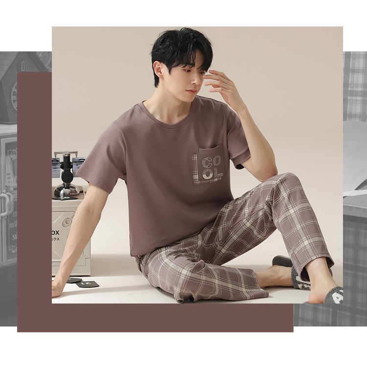 Summer pure cotton pajamas for men, cartoon casual short-sleeved shirts and long pants, pure cotton comfortable home wear, summer youth student set pic 25