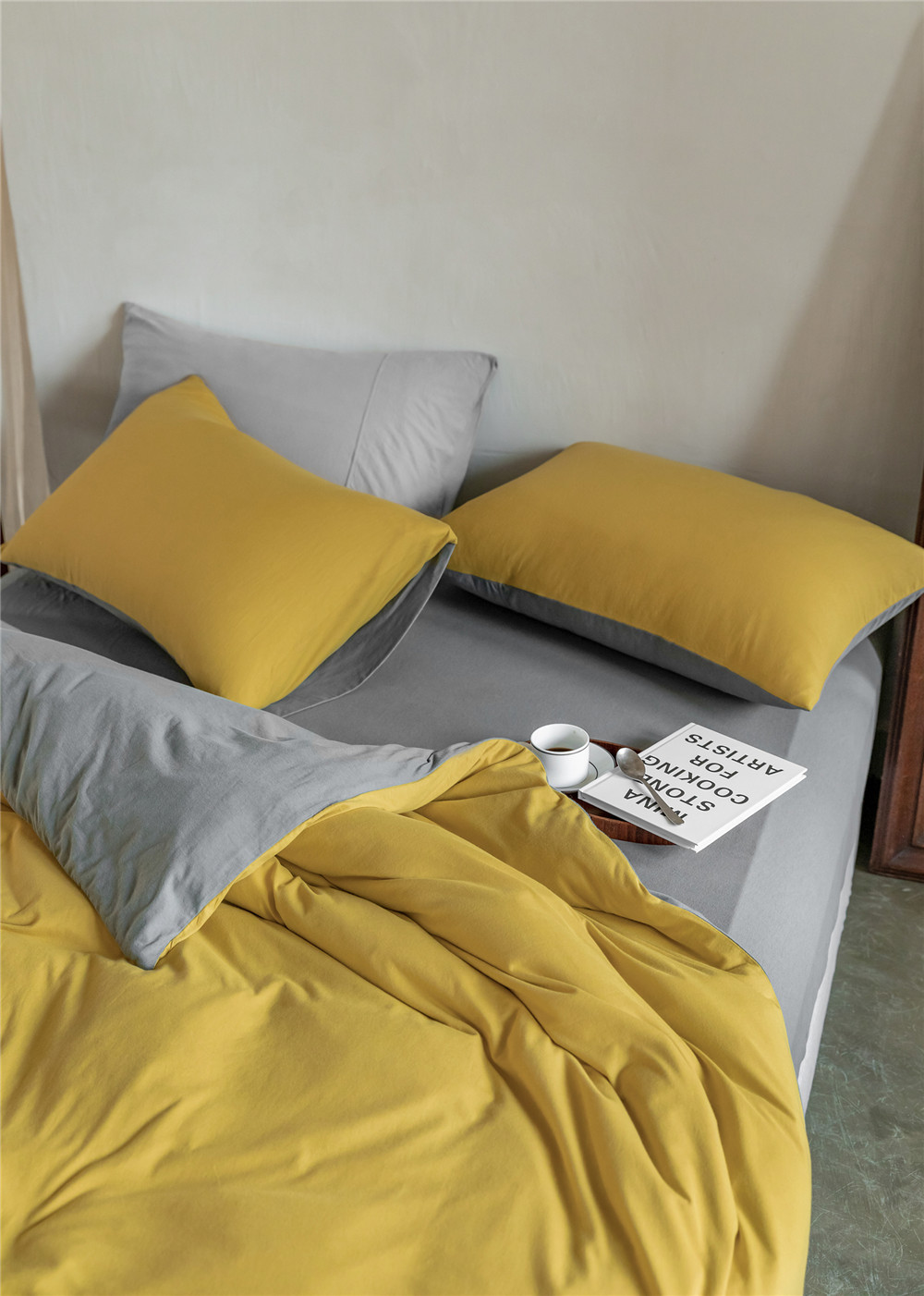 ins Japanese-style solid color all-cotton knitted cotton four-piece set, skin-friendly nude sleeping plain double-layer Indian cotton bed sheet pic 177