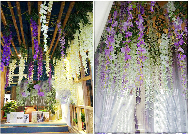 仿真垂吊紫藤花网红婚庆长廊吊顶装饰加密豆花花串假花藤条树枝详情52