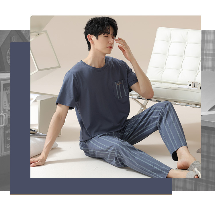 Summer pure cotton pajamas for men, cartoon casual short-sleeved shirts and long pants, pure cotton comfortable home wear, summer youth student set pic 157