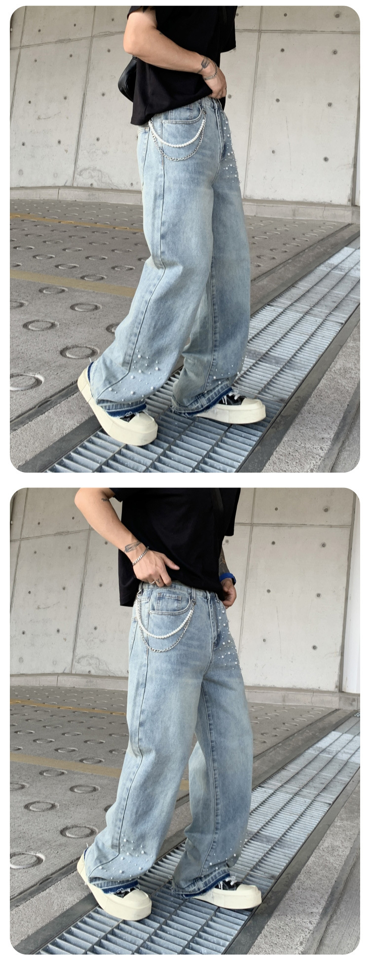Cross-border Parisian style beaded jeans for men, 2025 new trendy streetwear brand loose straight-leg wide-leg pants for men pic 9