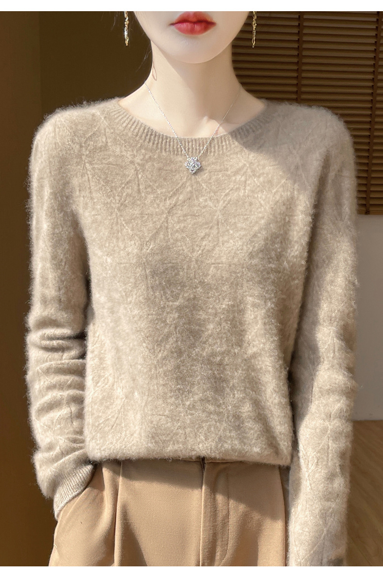 镂空花一线成衣100纯羊毛衫女圆领长袖针织羊绒毛衣宽松软糯打底详情35