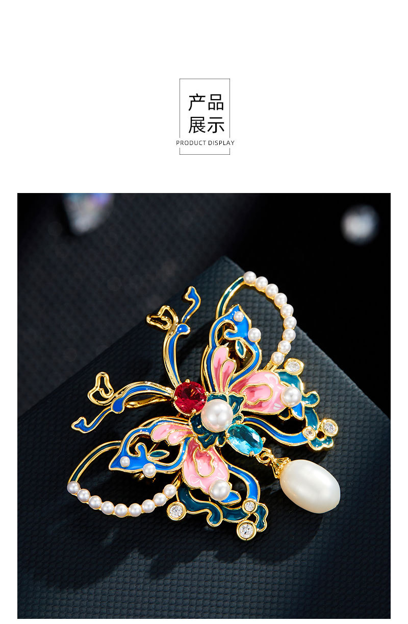 Exquisite national trend enamel butterfly pearl brooch with a fashionable and high-end feel, copper alloy inlaid zircon dress brooch pic 11