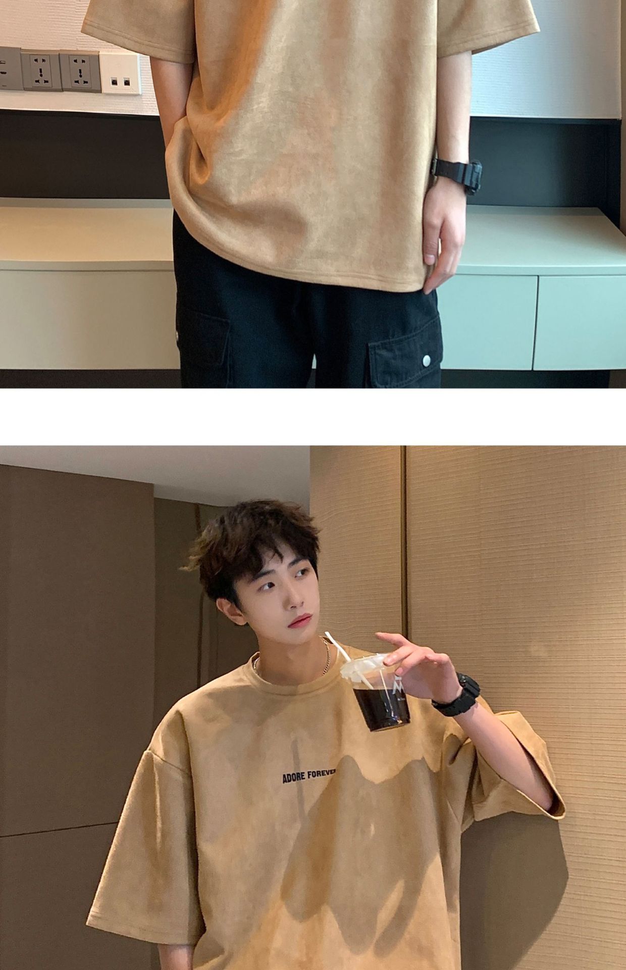 Avocado Green 320g heavyweight T-shirt for men, American retro suede short-sleeved, oversized small collar, three-quarter sleeve pic 46