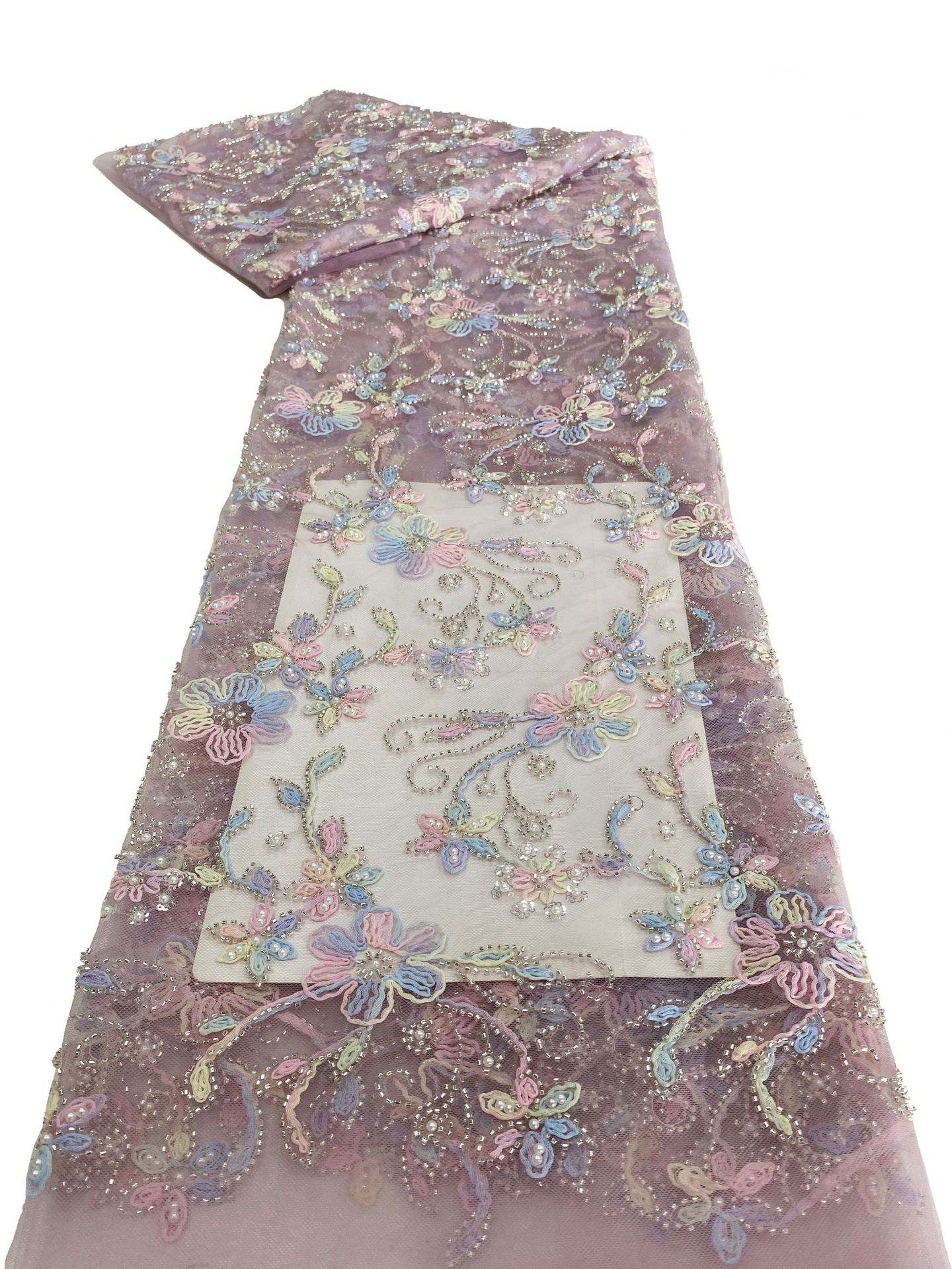 工厂现货时尚彩色多色盘带蕾丝珠子绣花女装婚纱礼服面料LACE详情13