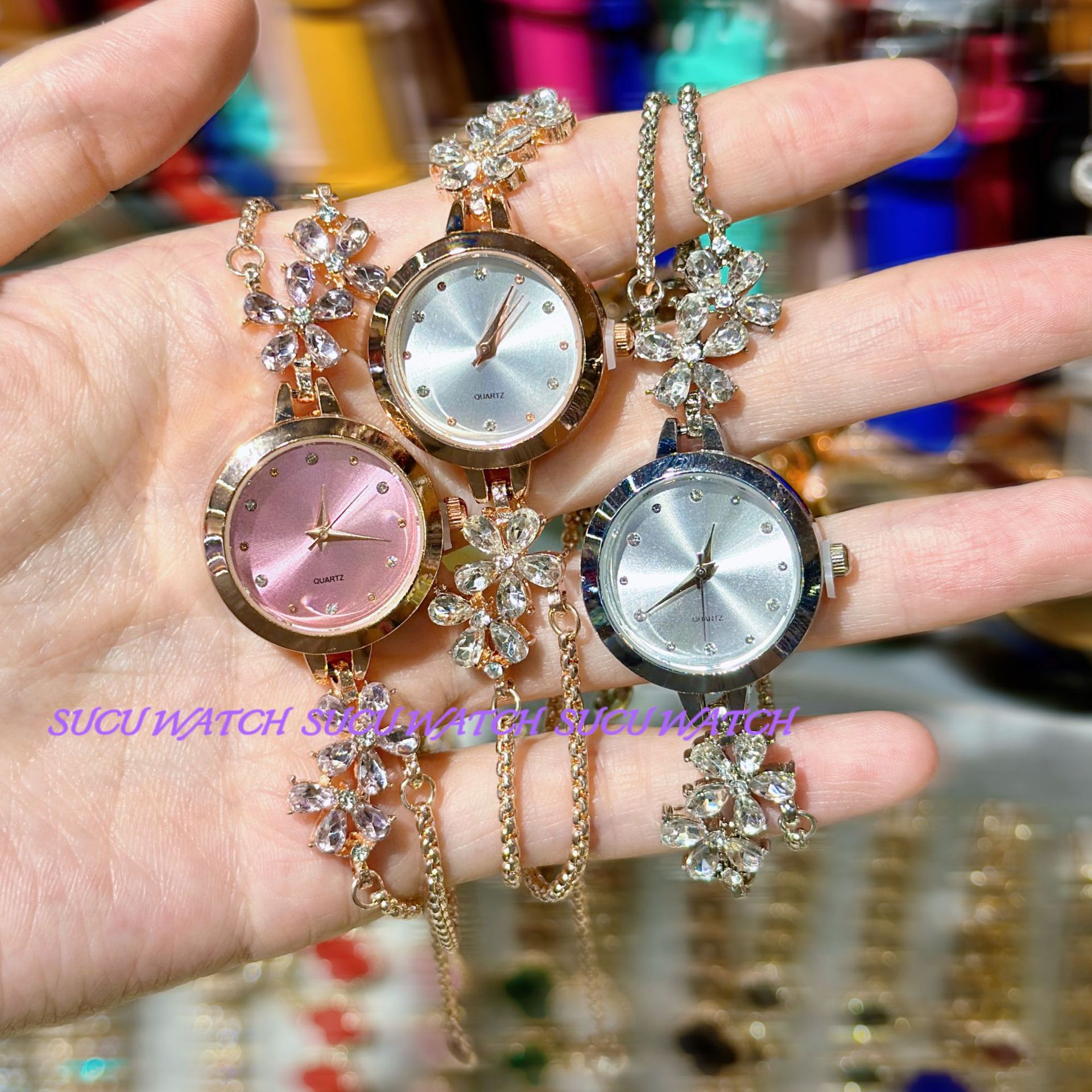 爆款新款镶钻花朵彩色钻石简约时尚抽拉绳手链女士石英手表高颜值详情2
