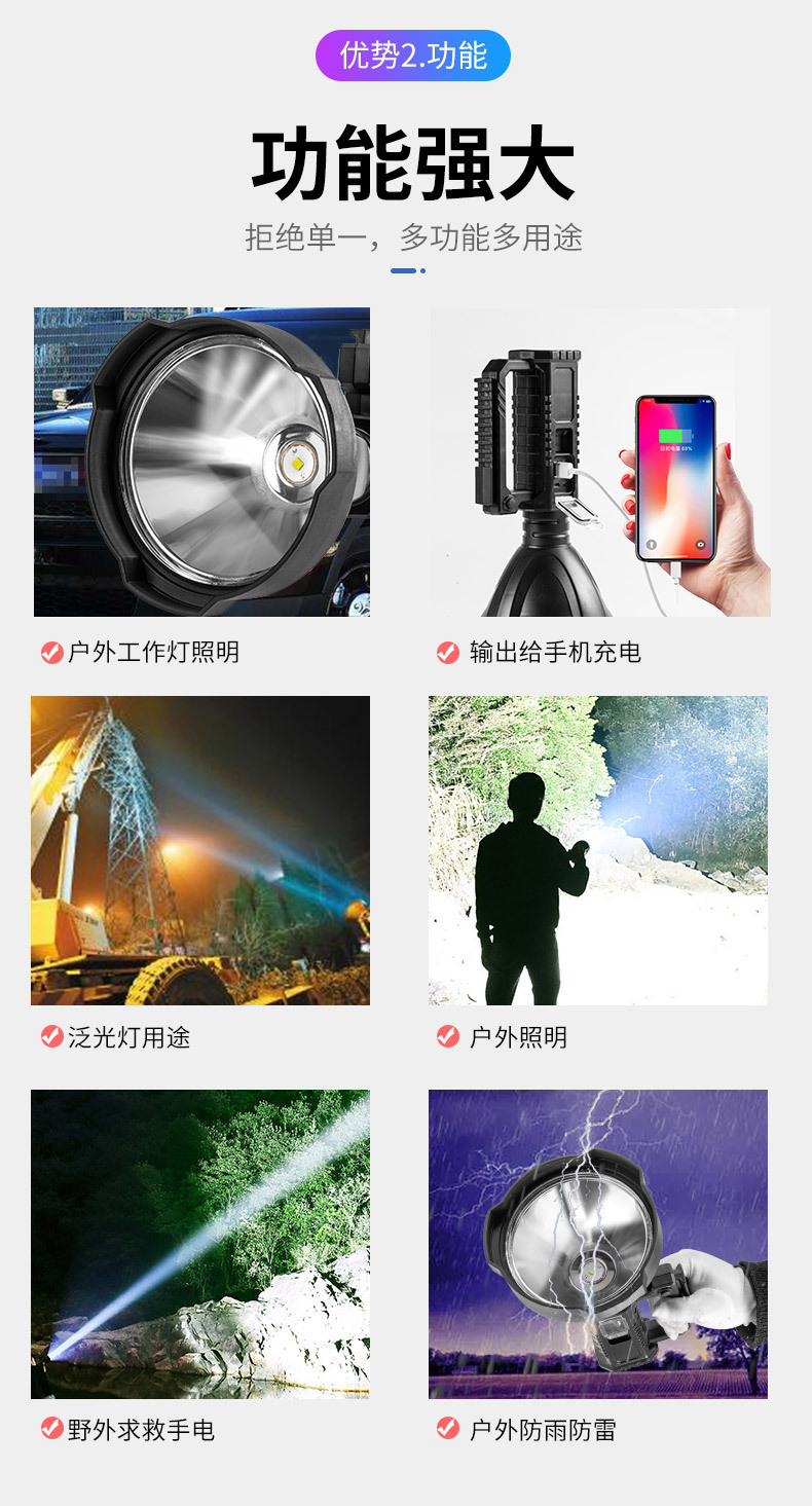 跨境新款XHP50手提探照灯USB充电户外远射带输出多功能应急手提灯详情4