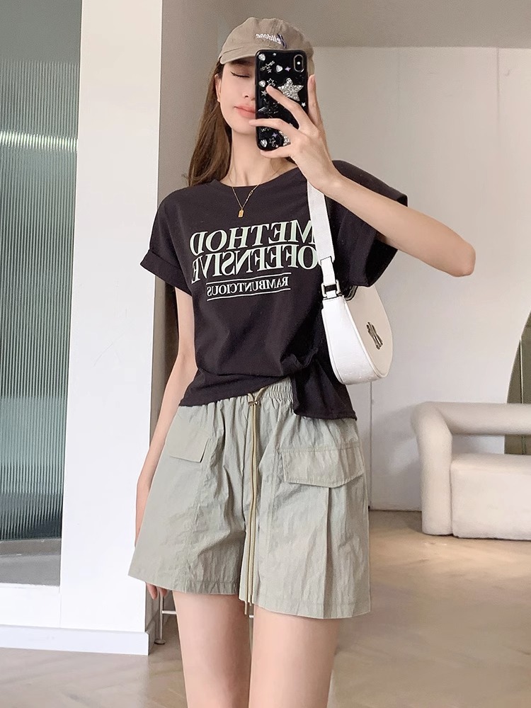 工装阔腿短裤女夏季2023新款高腰抽绳宽松直筒裤显廋A字短裤子ins详情3