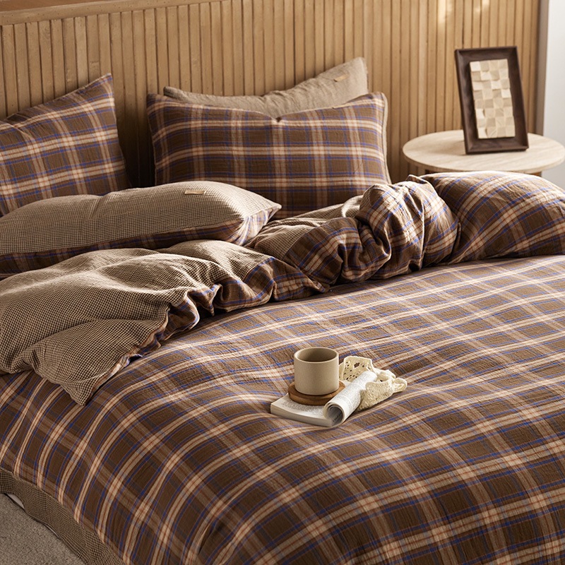 All-cotton Class A double-layer yarn four-piece set, double-layer yarn quilt cover and bed sheet four-piece set, pure cotton double-layer yarn checkered four-piece set pic 39