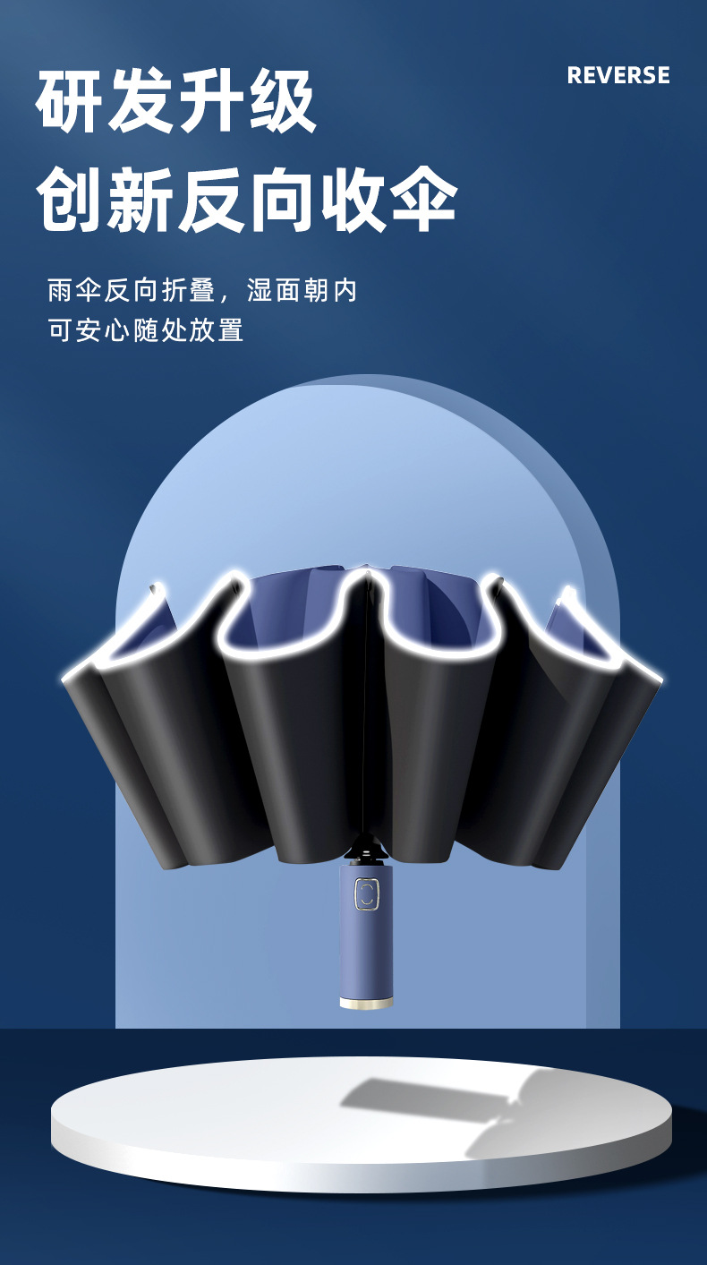 全自动10骨反向伞反光条加固防风遮阳防晒太阳伞户外折叠黑胶雨伞详情3
