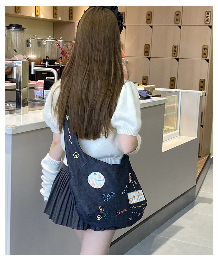 ins新款小插画牛仔斜挎包包女百搭大容量单肩包袋口拉链学生书包详情2