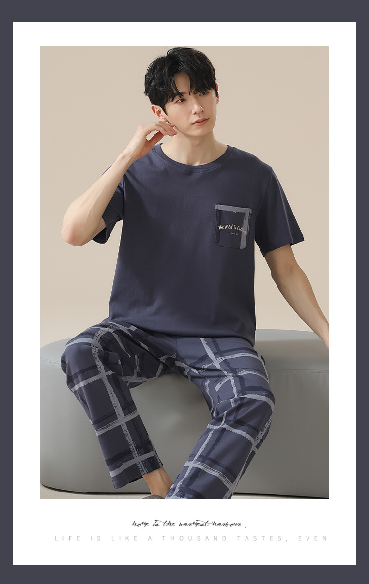 Summer pure cotton pajamas for men, cartoon casual short-sleeved shirts and long pants, pure cotton comfortable home wear, summer youth student set pic 43