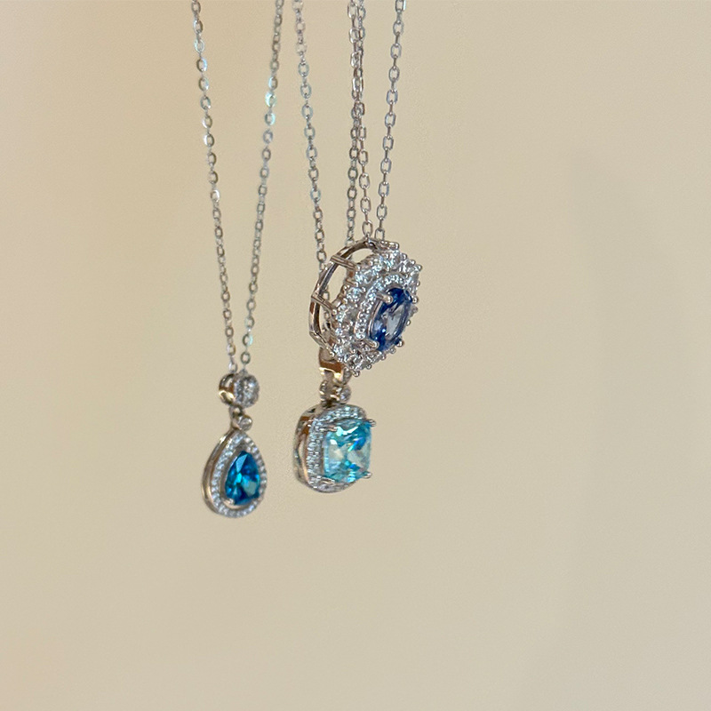 Blue necklace stud earrings collection, all-silver necklace, exquisite and elegant commuting collarbone chain, s925 silver versatile jewelry pic 1