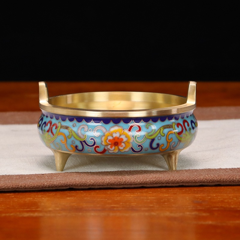 Wholesale of cloisonne incense burners and Buddhist utensils in stock. Traditional cast copper cloisonne low-temperature enamel antique straight ear burners pic 12