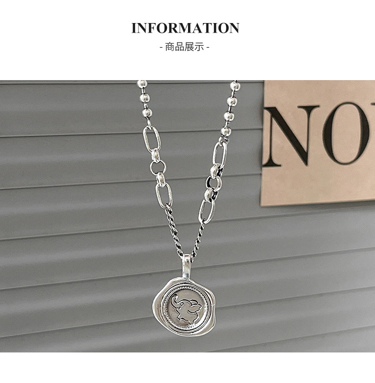 S925纯银复古圆牌小象图章项链女韩风高雅感毛衣链小众饰品精品详情13