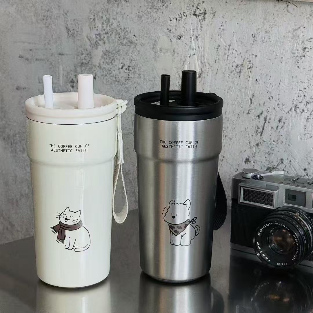 Wholesale of new stainless steel portable coffee cups with high appearance standards, cartoon student outdoor double-drinking straw insulated cups and water cups pic 3