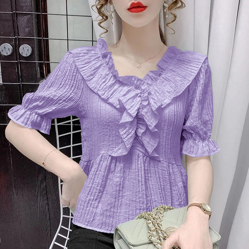 Summer new French V-neck bubble short-sleeved shirt for women, slimming, fashionable and elegant casual top for women chiffon pic 13