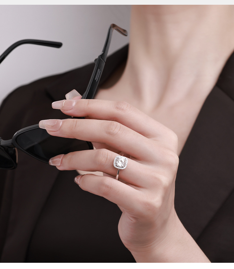 Zhuoheng Select 925 sterling silver ring, non-fading, niche design, simple square bag, moissanite opening adjustable, non-fading pic 8