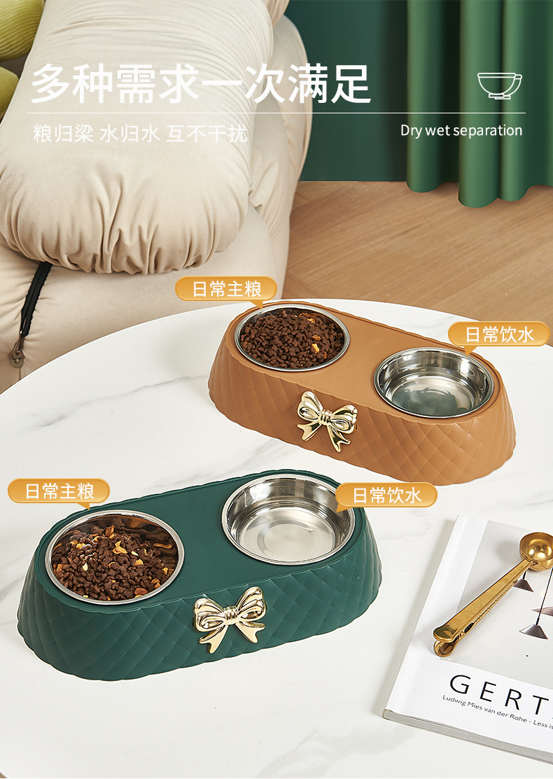 Bow-shaped pet double bowl dog food set, stainless steel double bowl anti-knock and anti-slip, light luxury style cat bowl wholesale pic 5