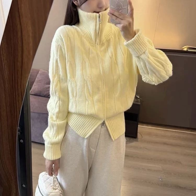 Solid-color casual double-zipper twisted knit cardigan coat, fashionable and versatile, new autumn and winter style sweater top for women pic 17