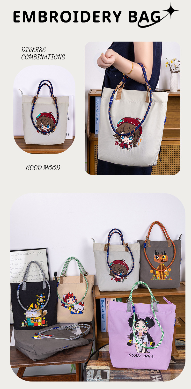 夏季新款卡通万针刺绣防水托特包小众百搭通勤早八大容量单肩包女详情10