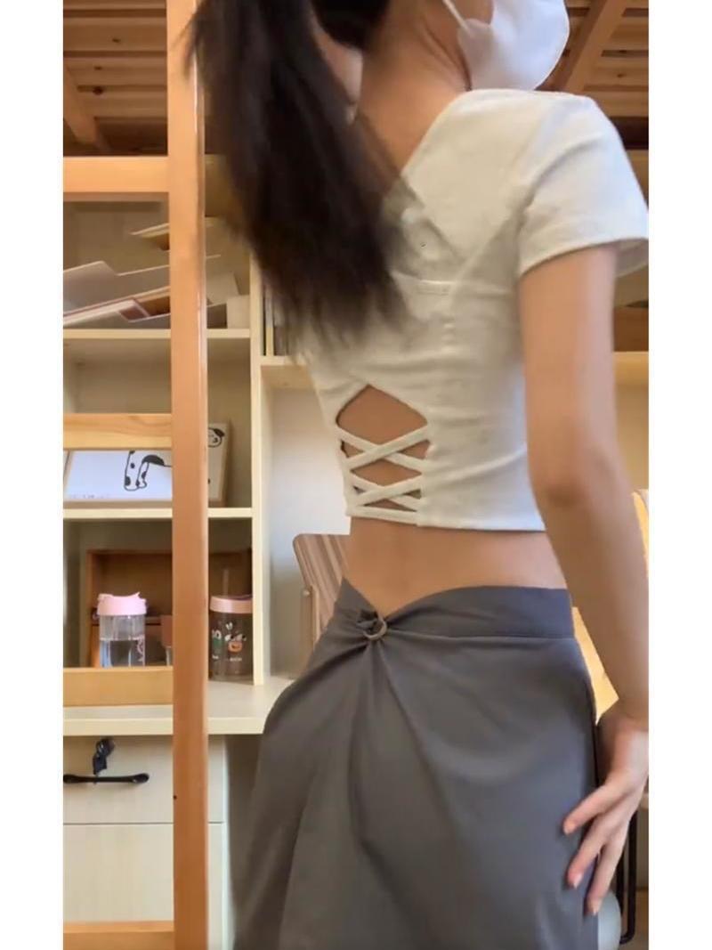 纯色辣妹正肩短袖T恤女夏季镂空美背带胸垫打底小衫短款上衣详情5
