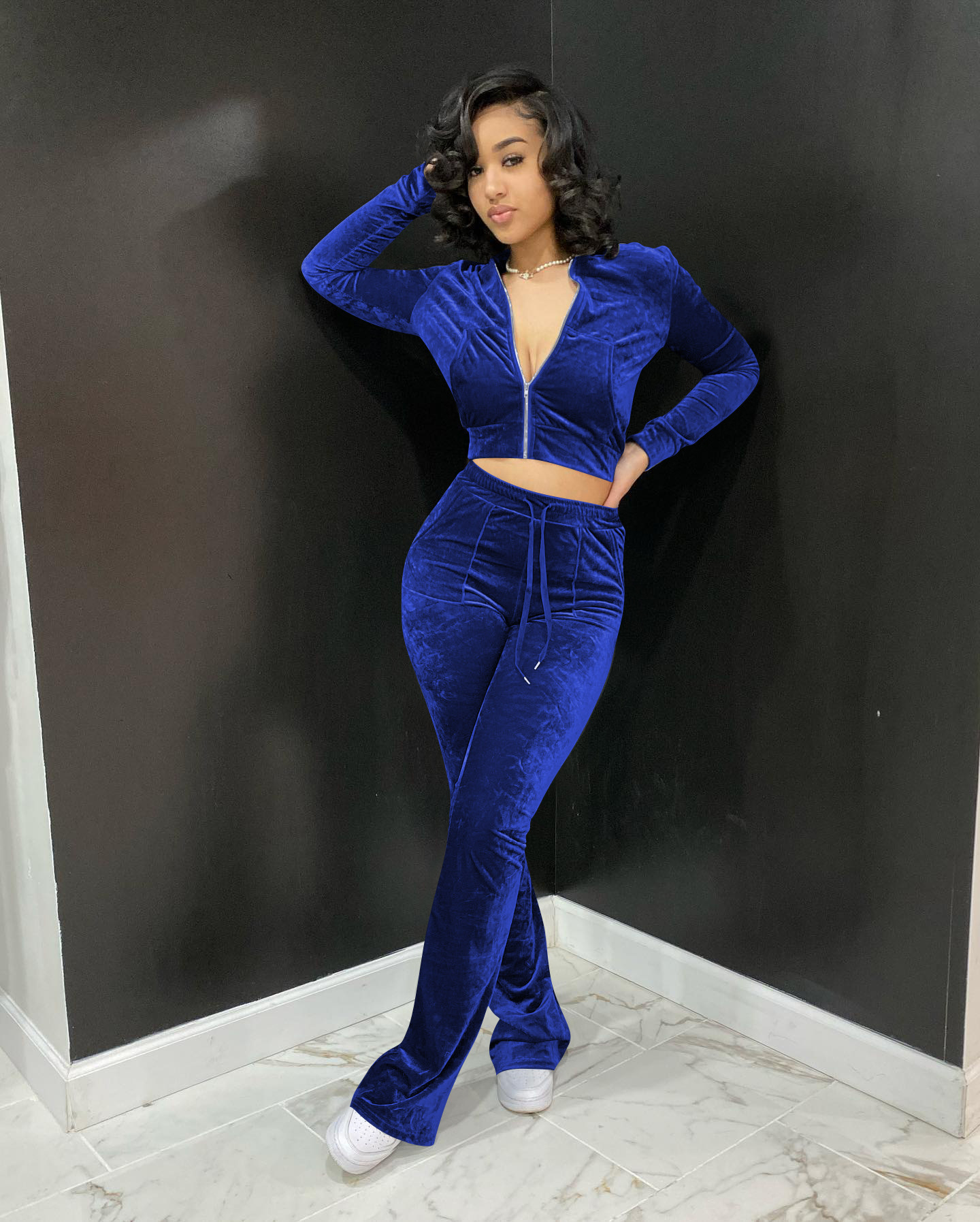 Solid color gold velvet wide-leg pants two-piece set pic 9