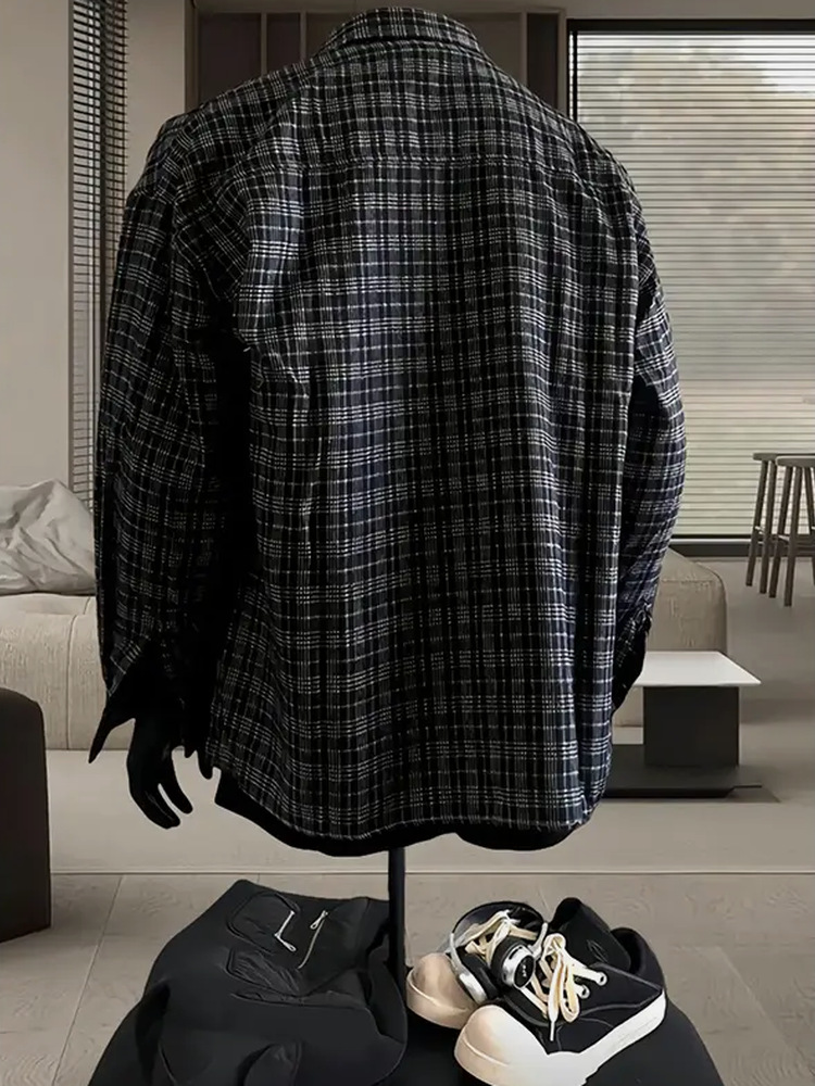 cleanfit黑色长袖格子衬衫男款春秋季高级感格纹衬衣宽松休闲外套详情6