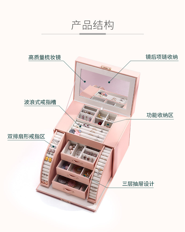 Large-capacity multi-layer jewelry storage box, pink lockable leather accessory box, hand-held mirror large jewelry box pic 9