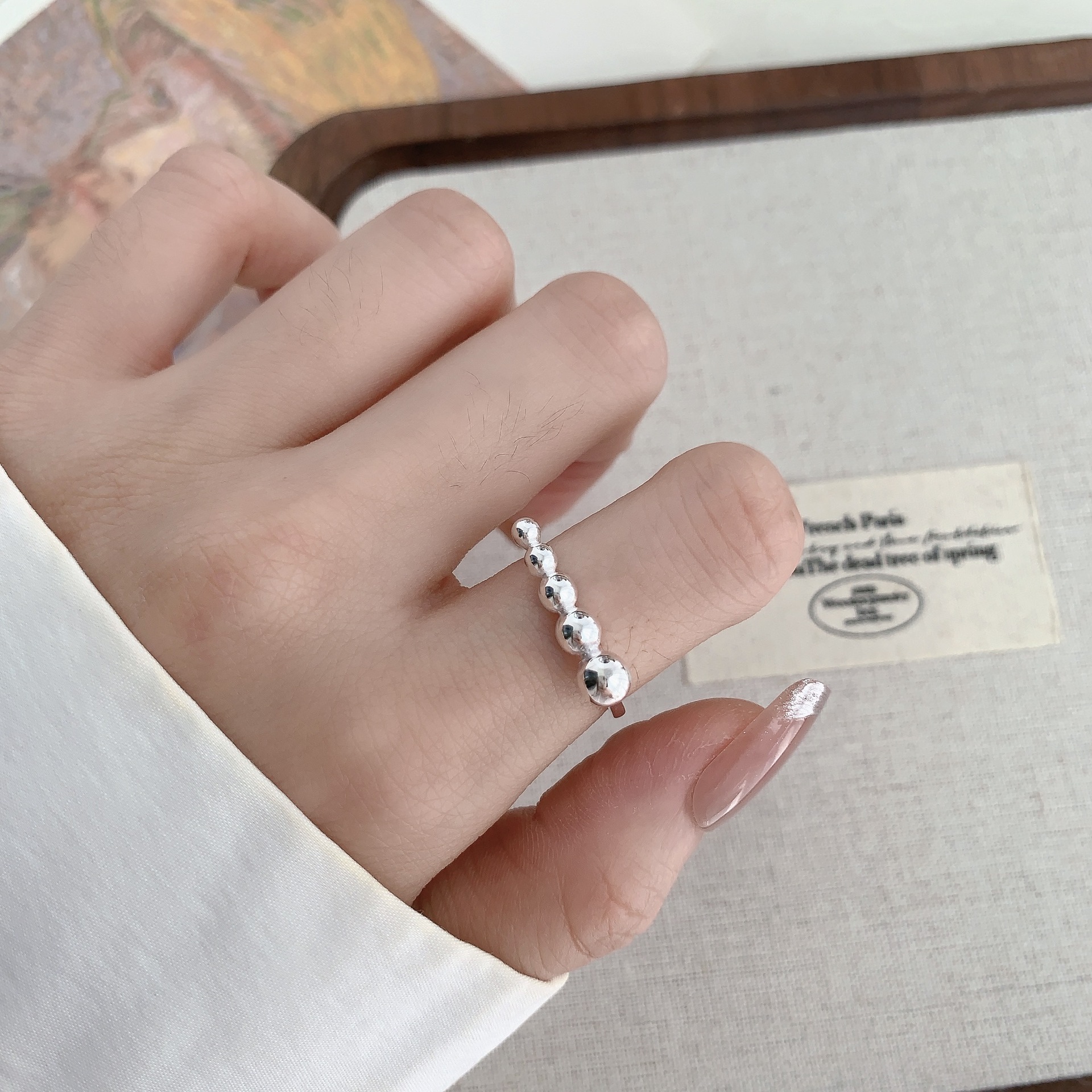 Korean version S925 sterling silver 11.20ins niche design sense round bead ring, Korean fashionable INS style texture ring, adjustable pic 9