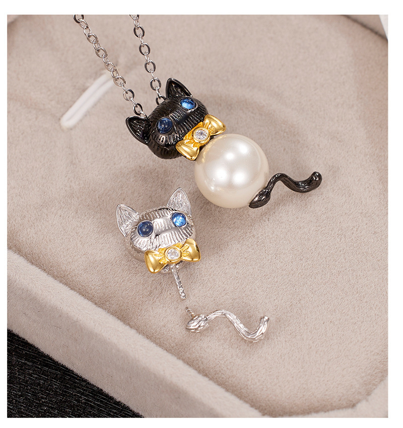 S925 sterling silver Little Cat pendant, a niche design for women with a sense of high-end color contrast pendant, DIY accessory, silver empty stand pic 12