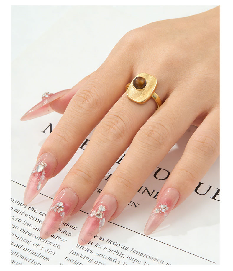 Light luxury retro geometric square brushed open ring, copper alloy real gold electroplated natural stone adjustable index finger ring pic 12