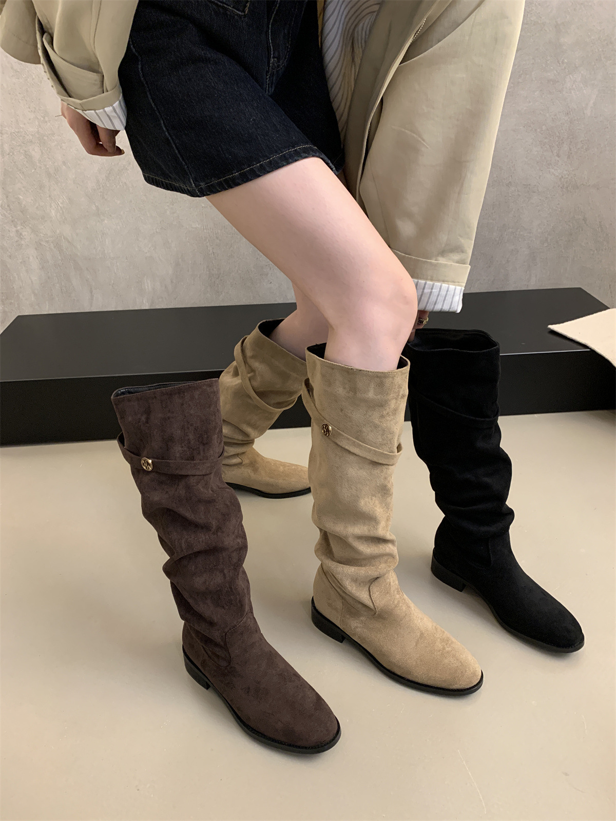 绒面瘦瘦靴卡其色堆堆骑士靴女2025新款秋冬季显瘦高筒粗跟长靴子详情2